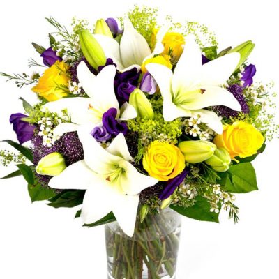 Mothering Sunday Bouquet Purple Cream Yellow, Mothers Day, Mothering Sunday, Bright bouquet, Weekly Flower Delivery – Get Well Soon Flowers