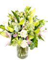 Bouquet - Pinks & Creams Mothering Sunday Bouquet Pinks Creams, Soft pink Oriental Lilies, Eustoma, cream Vandela Roses, white Trachelium, Eucalyptus, Salall