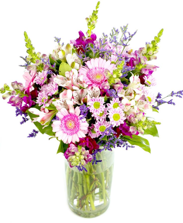 Valentines Day Flowers Creams Pinks Purples, Valentines Day Flowers Alstroemeria, Antirrhinum, a pretty Chrysanthemum known as San Rossi Pink, Germini and finally finished with a dark blue / purple Limionium and foliages , Mothers Day Bouquet Creams Pinks Purples