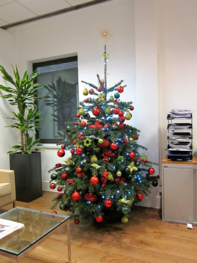 Corporate Christmas Tree red, green and gold decorations