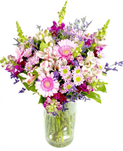 Alstroemeria, Antirrhinum, a pretty Chrysanthemum known as San Rossi Pink, Germini and finally finished with a dark blue / purple Limionium and foliages , Mothers Day Bouquet Creams Pinks Purples