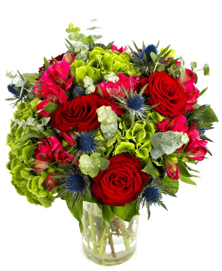 Valentines DAy bouquet, Red Roses, Hydrangea, Valentines Day Flowers Reds Greens Blues